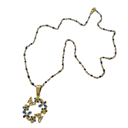 necklace steel gold heart chain with round element flowers and butterfl1